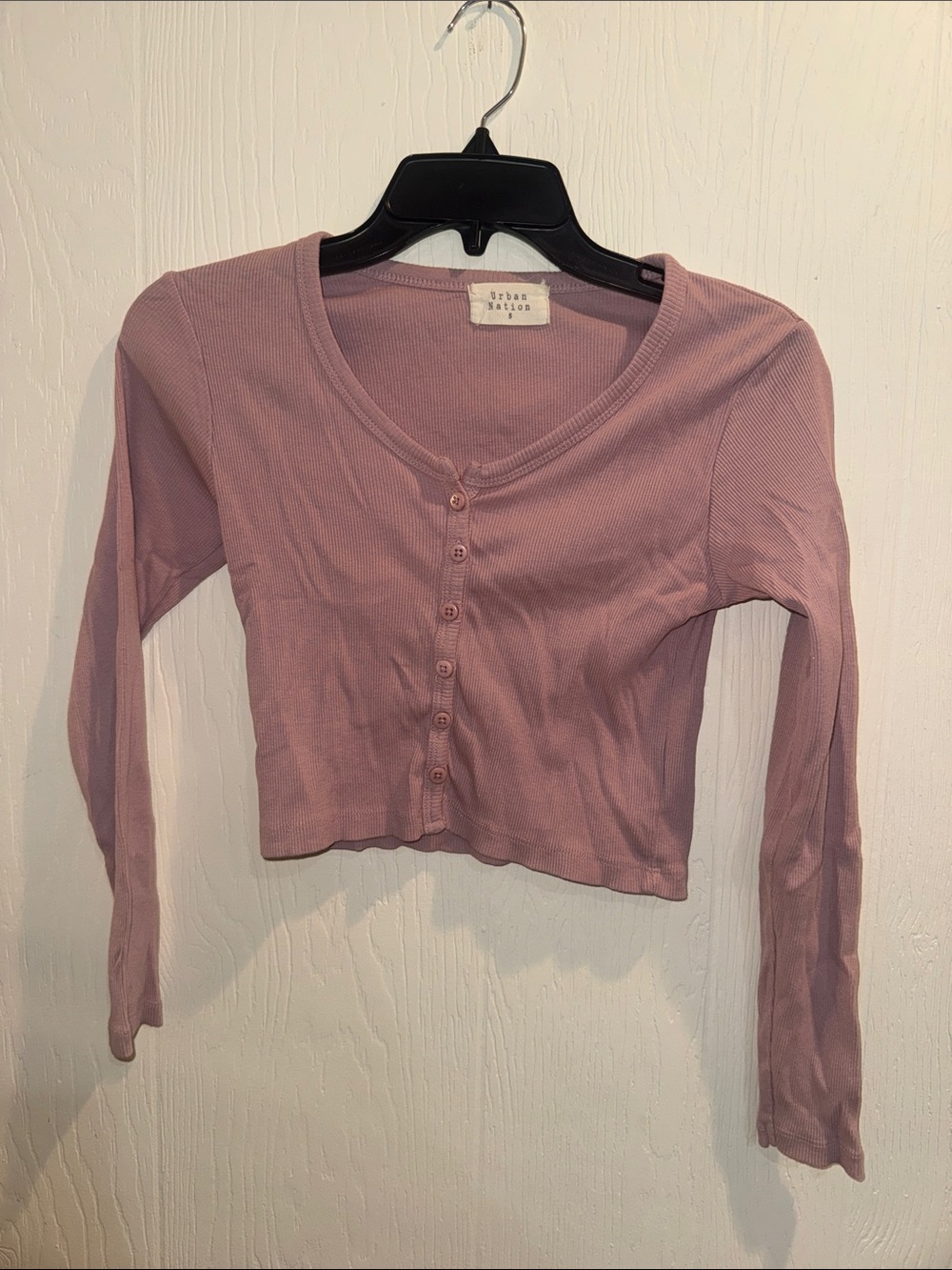 Urban Outfitters Mauve Ribbed Button-Front Long Sleeve Crop Top